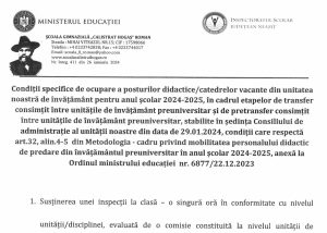 Conditii specifice ocupare posturi diactice 2024-2025