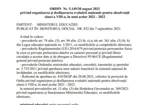 Ordin privind organizarea si desfasurarea Evaluarii Nationale 2022