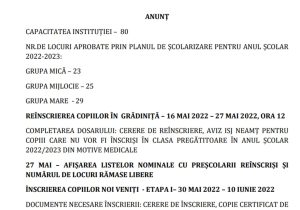 Reînscrierea copiilor în grădiniță în anul școlar 2022-2023